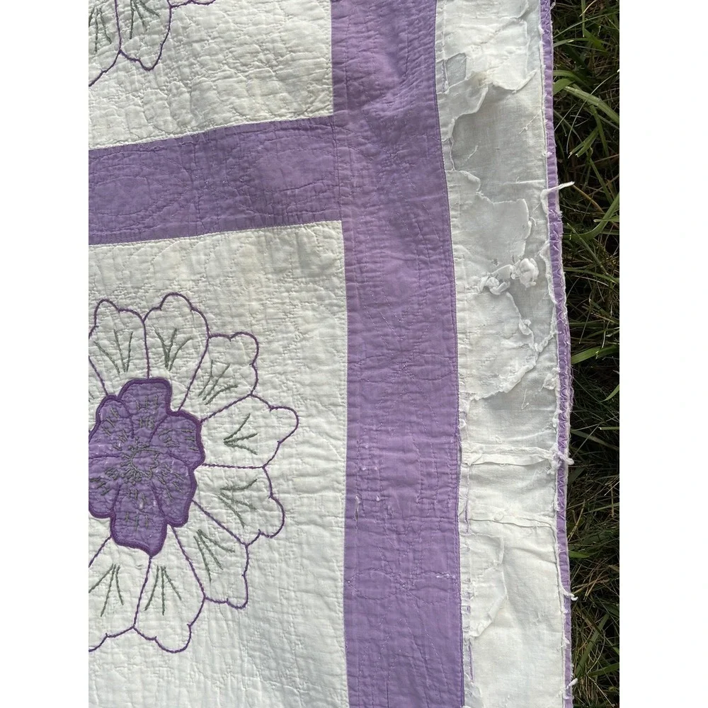 1927 Vintage Quilt Lilac Purple Embroidered Flower Hand Stitched 69